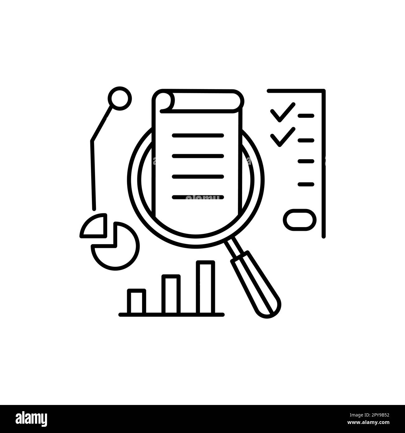Study overview or regulatory icon with thin line magnifier. flat trend lineart simple exam logotype stroke art design web element isolated on white Stock Vector