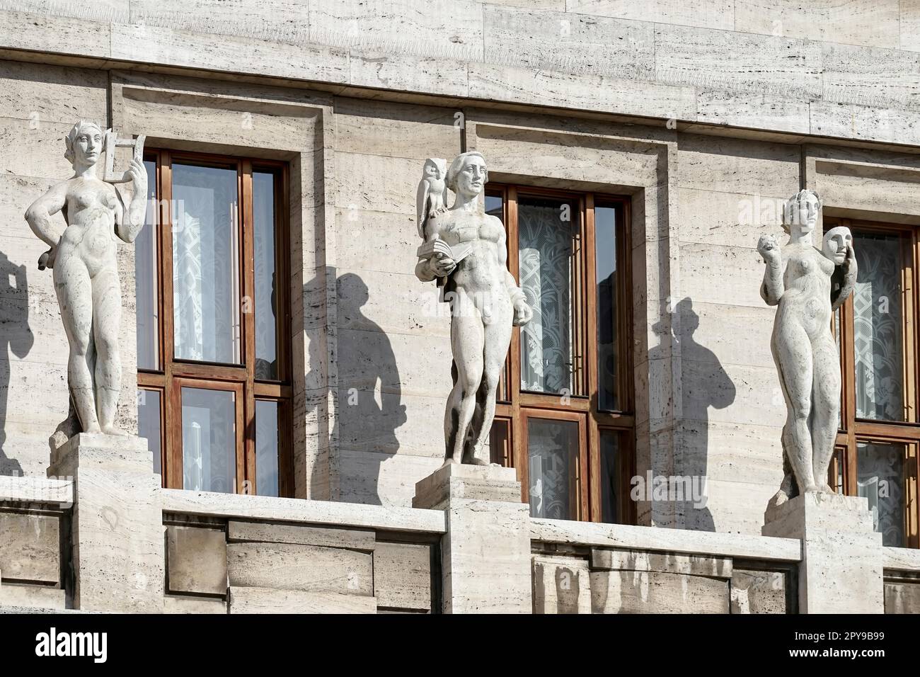 View of the statues on the Municipal Library in Prague Stock Photo