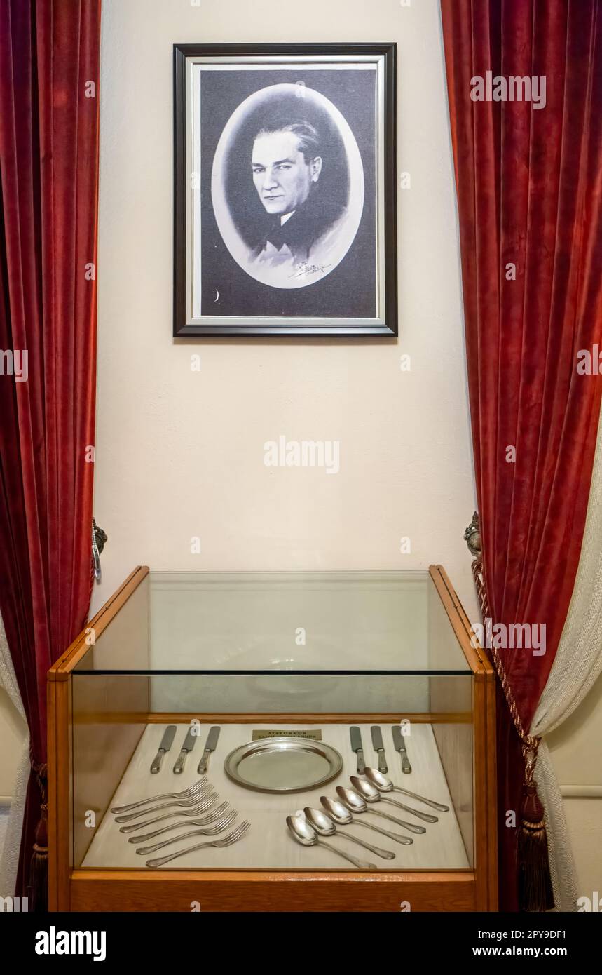 Explore the Ataturk House Museum and discover the legacy of Turkey's visionary leader. This striking photographic portrait of Mustafa Kemal Ataturk ov Stock Photo