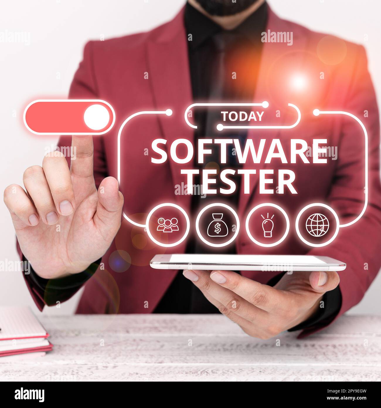 Text sign showing Software Tester. Word for implemented to protect software against malicious attack Stock Photo