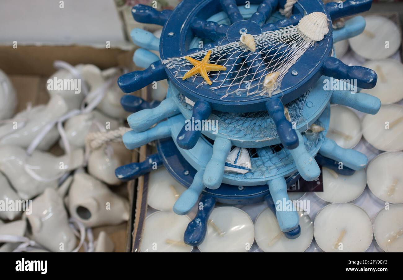 Set of wooden steering wheels of a boat Stock Photo Alamy