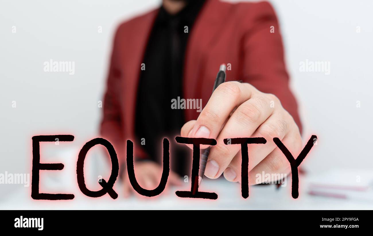 Handwriting text Equity. Business approach quality of being fair and impartial race free One hand Unity Stock Photo