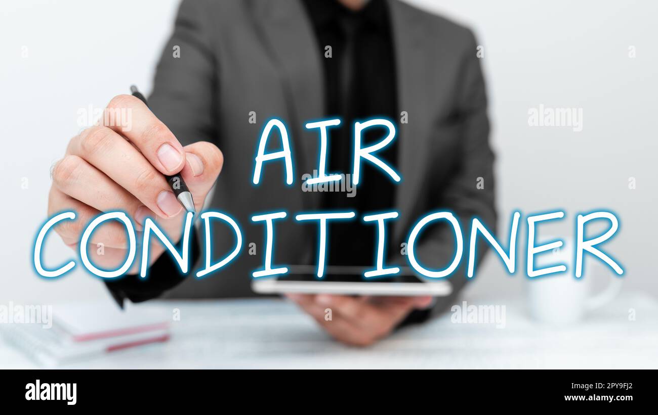 Conceptual caption Air Conditioner. Word Written on apparatus for