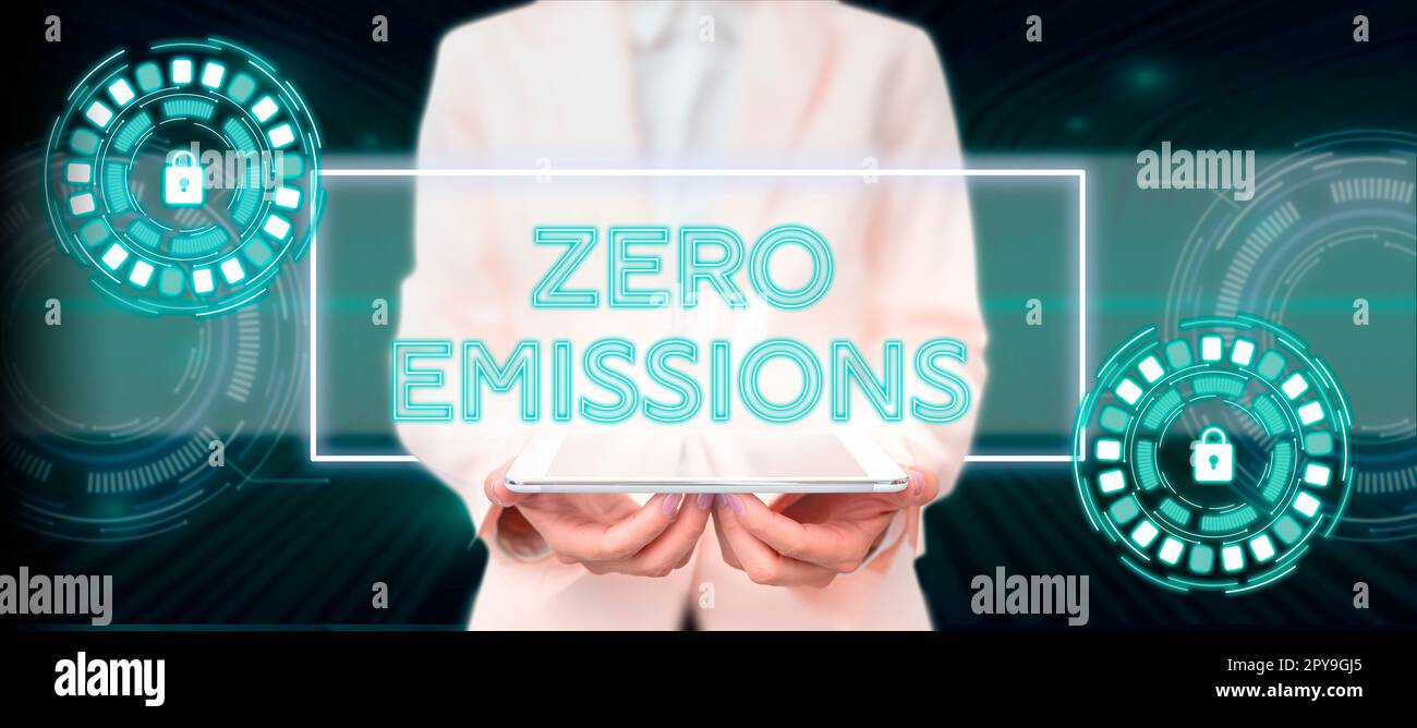 Hand writing sign Zero Emissions. Word Written on emits no waste products that pollute the environment Stock Photo