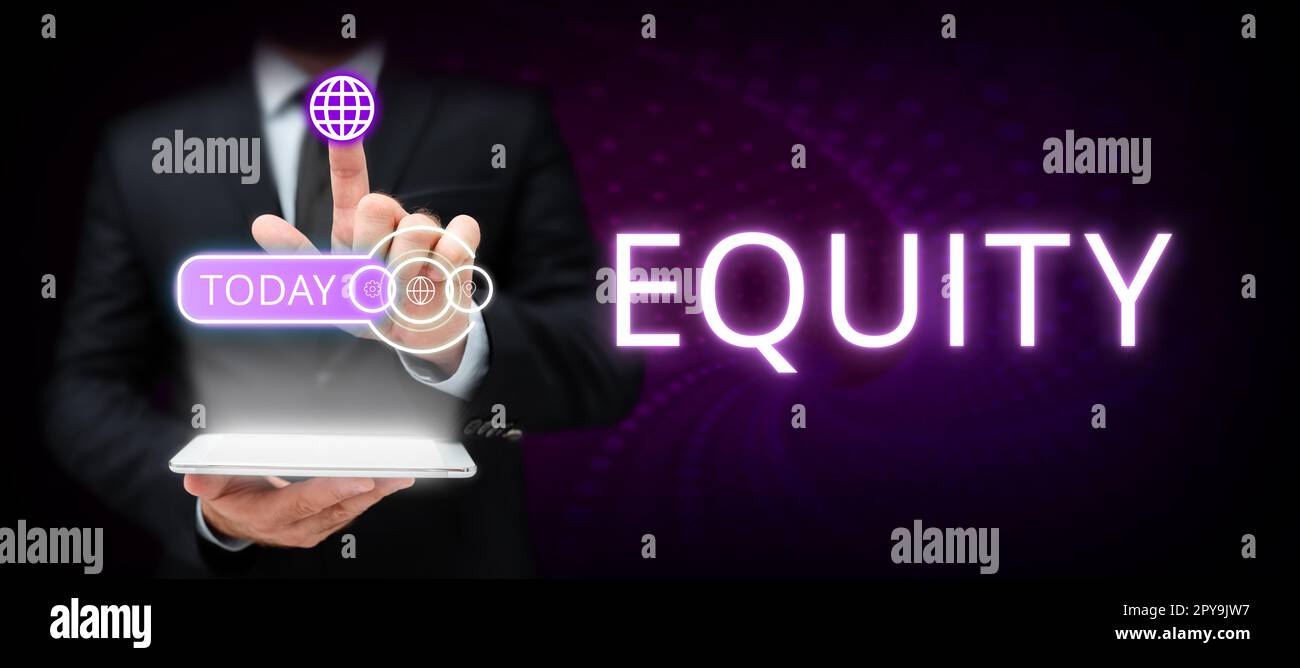 Text caption presenting Equity. Word Written on quality of being fair and impartial race free One hand Unity Stock Photo