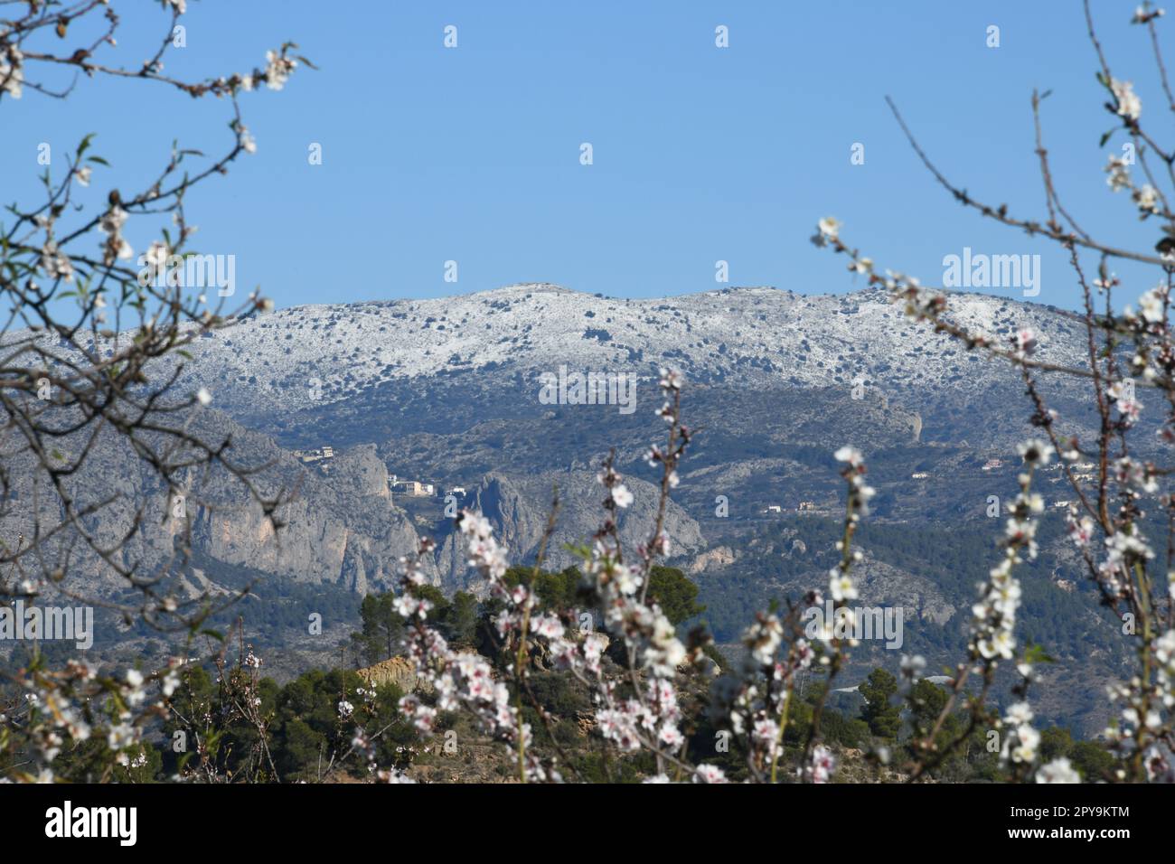 very rare snow in the mountains of Guadalest, Alicante province, Costa Blanca, Spain Stock Photo
