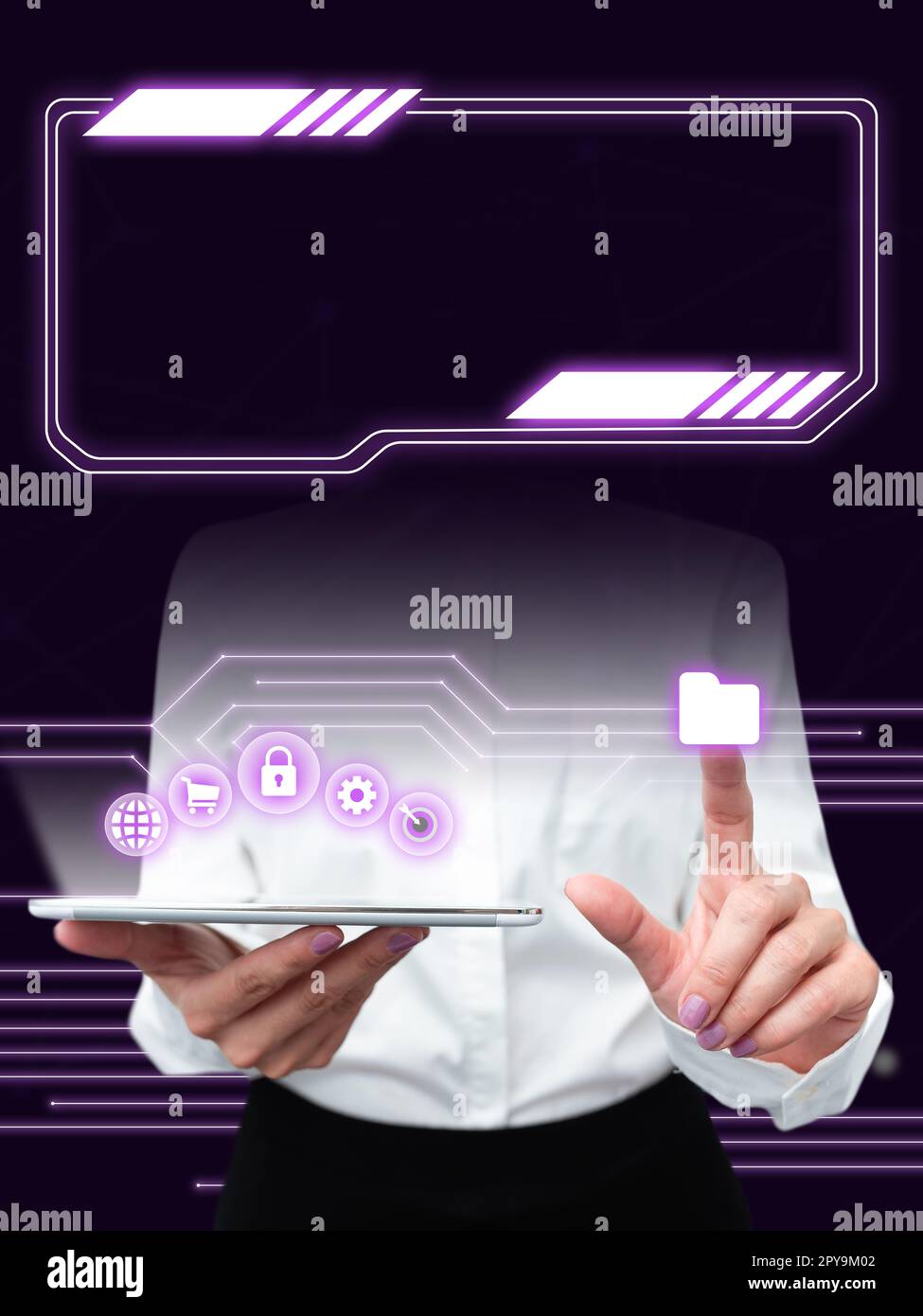 Lady In white shirt Standing Holding Tablet In Hand Presenting Virtual ...