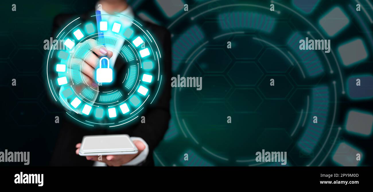 Business Woman Standing Holding mobile phone And pen. Pressing On Virtual Button. Lady In Uniform Carrying Pad Tapping Icon Showing New Futuristic Technologies. Stock Photo