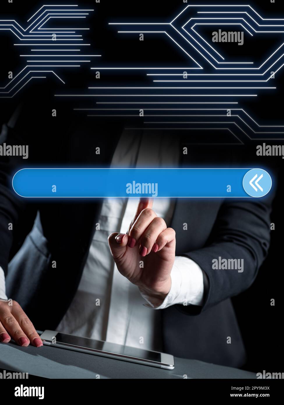 Lady sitting at the table and pressing virtual button with his finger. Mobile phone laying on desk and glowing. Important information inside frame in futuristic style. Stock Photo