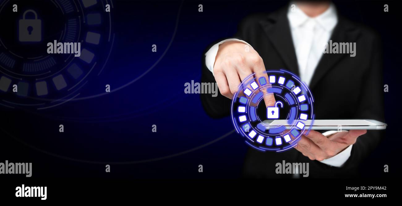 Lady In Office Suit Standing Pressing Virtual Button With Finger Holding Tablet. Gentleman In Business Attire Carrying Tab Pointing New Futuristic Technology. Stock Photo