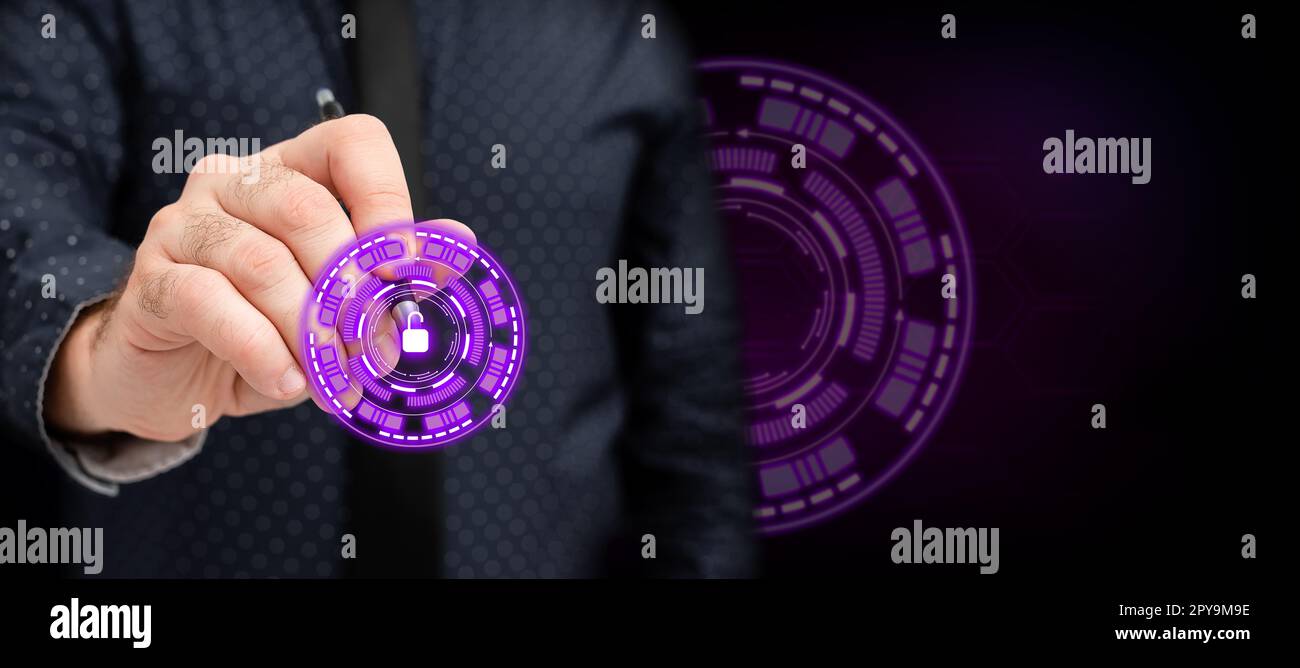 Businessman in office uniform Holding Pen Writing On Screen Presenting Futuristic Technology. Lab Technician Using Stylus Taking Notes Showing Modern Automation. Stock Photo