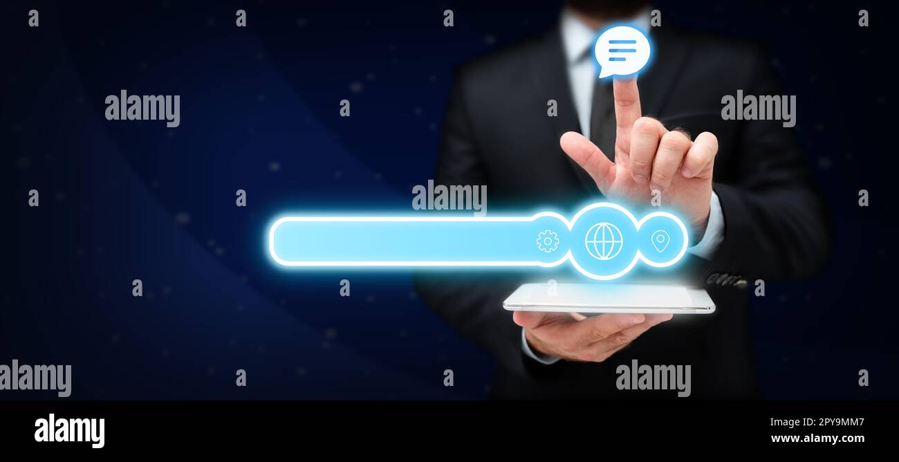 Man in office suit holding tablet and press virtual button with finder. Businessman wearing a black jacket pointing to icon. Futuristic image with important information. Stock Photo
