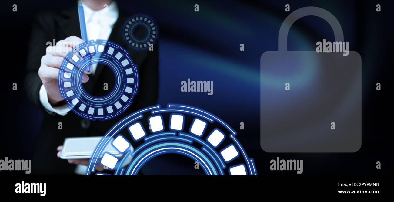 Business Woman Standing Holding mobile phone And pen. Pressing On Virtual Button. Lady In Uniform Carrying Pad Tapping Icon Showing New Futuristic Technologies. Stock Photo