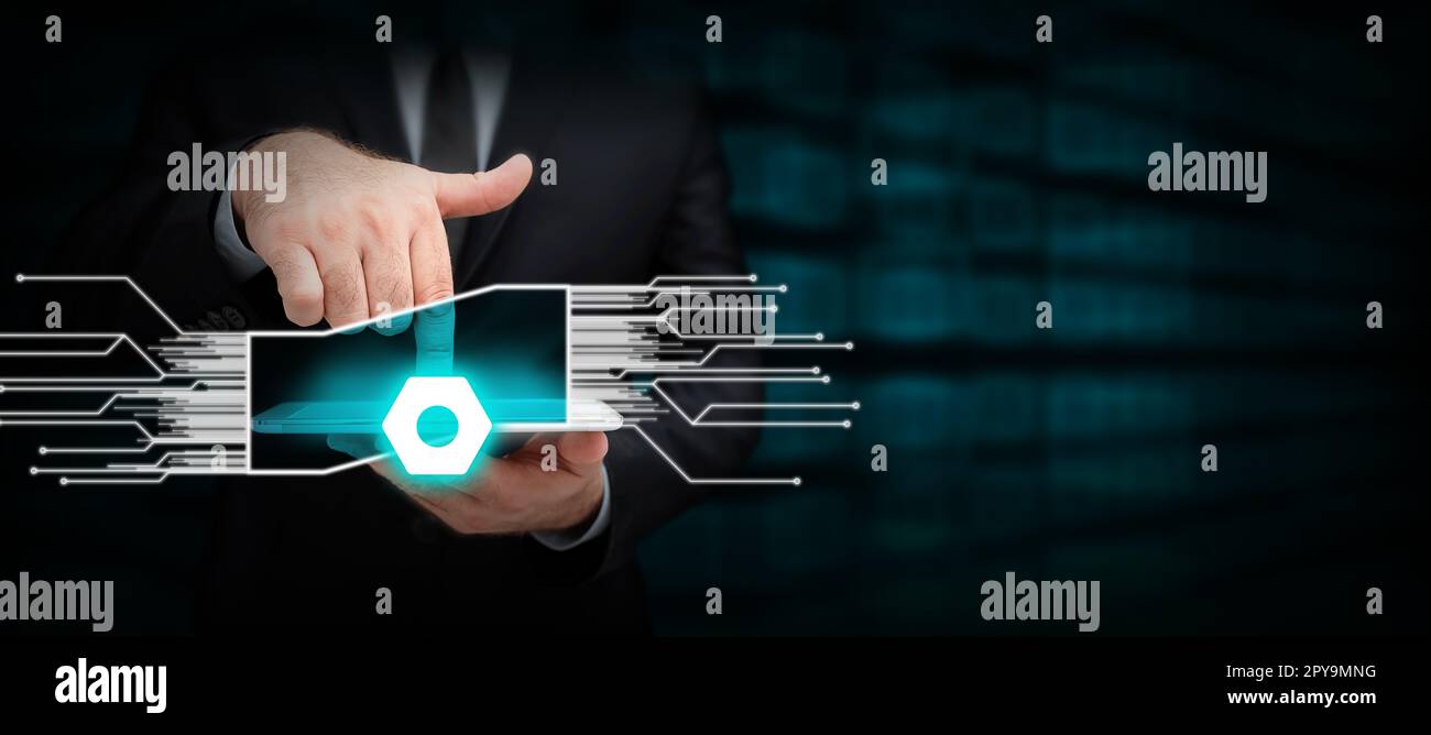 Man In Office Uniform Standing Pressing Virtual Button With Finger Holding Tablet. Gentleman In Business Attire Carrying Tab Pointing New Futuristic Technology. Stock Photo