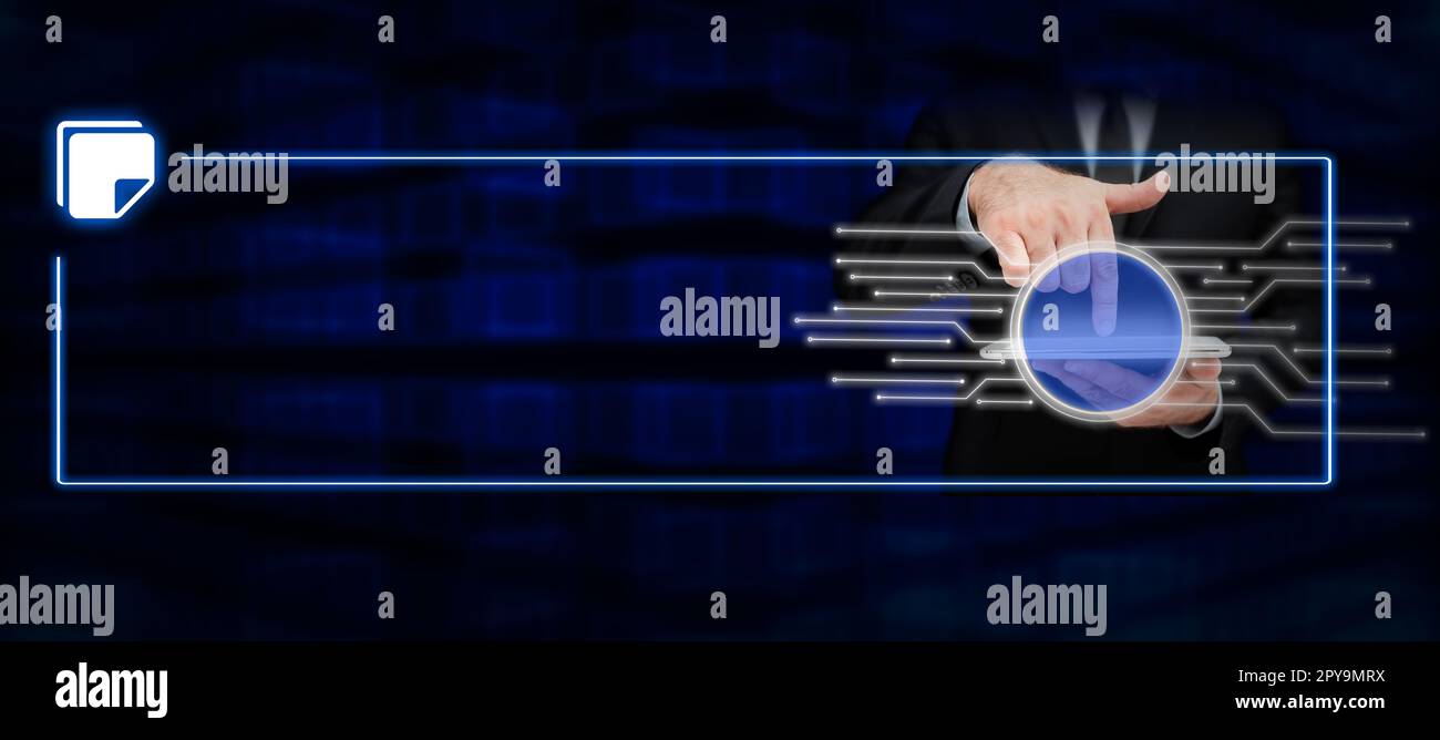 Man In Office Uniform Standing Pressing Virtual Button With Finger Holding Tablet. Gentleman In Business Attire Carrying Tab Pointing New Futuristic Technology. Stock Photo