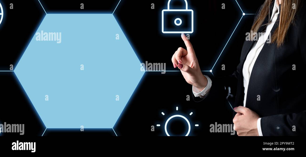 Lady in black office suit standing and pressing virtual button with her finger. Women presenting new technologies for future. Futuristic digital design with color glow. Stock Photo