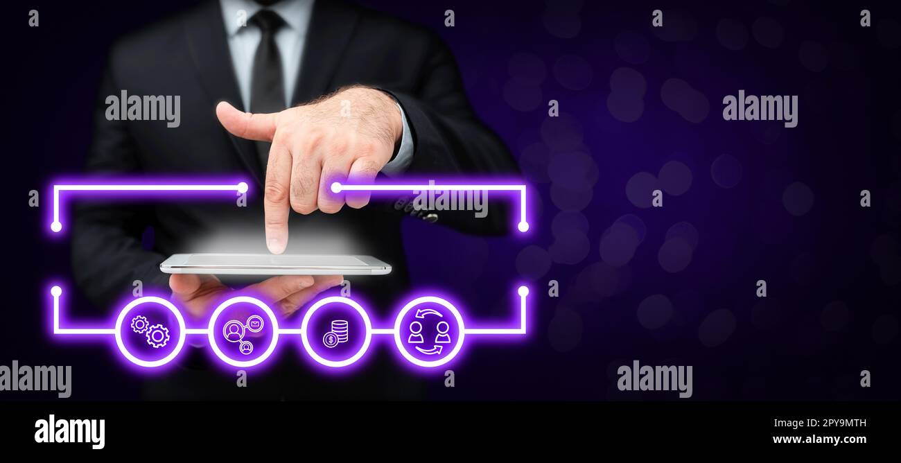 Man In Office Uniform Standing Pressing Virtual Button With Finger Holding Tablet. Gentleman In Business Attire Carrying Tab Pointing New Futuristic Technology. Stock Photo