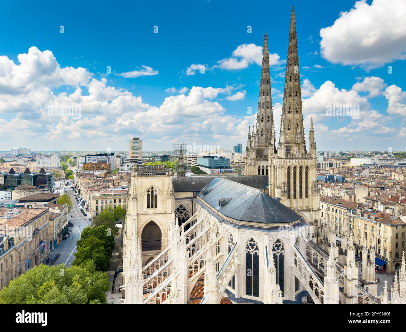 Aerial cityscape view on the old town of Bordeaux city with st Andrew cathedral during a sunny day in France. High quality photography Stock Photo