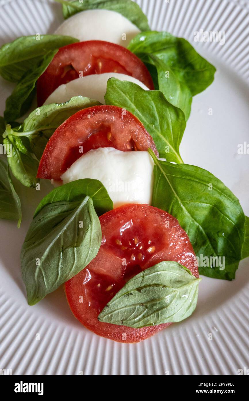 Tomato, Mozzarella Cheese and Basil salad Stock Photo