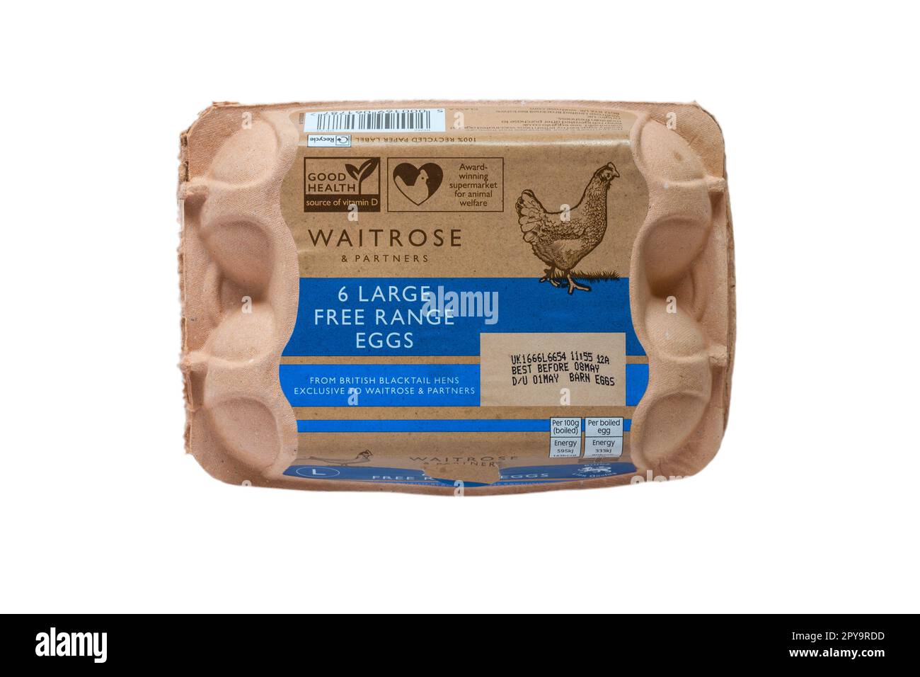 carton of Waitrose 6 large free range eggs isolated on white background  egg box closed, egg carton Stock Photo