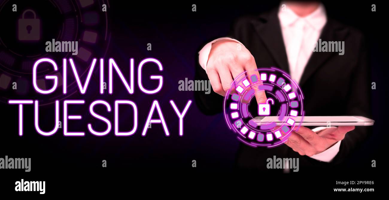 Writing displaying text Giving Tuesday. Business showcase international day of charitable giving Hashtag activism Stock Photo
