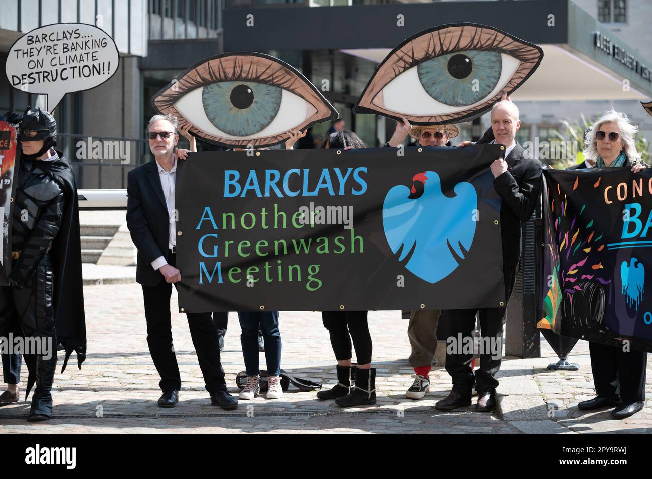 London, UK. 3 May, 2023. Climate activists protest outside the Barclays Bank AGM at the QEII centre in Westminster, calling on the bank to stop financing extraction of the fossil fuels responsible for global heating. The bank is one of the largest such lenders in Europe, while scientists warn we cannot expand oil and gas extraction if we are to meet Paris climate targets on CO2 reduction and temperature increases. Credit: Ron Fassbender/Alamy Live News Stock Photo