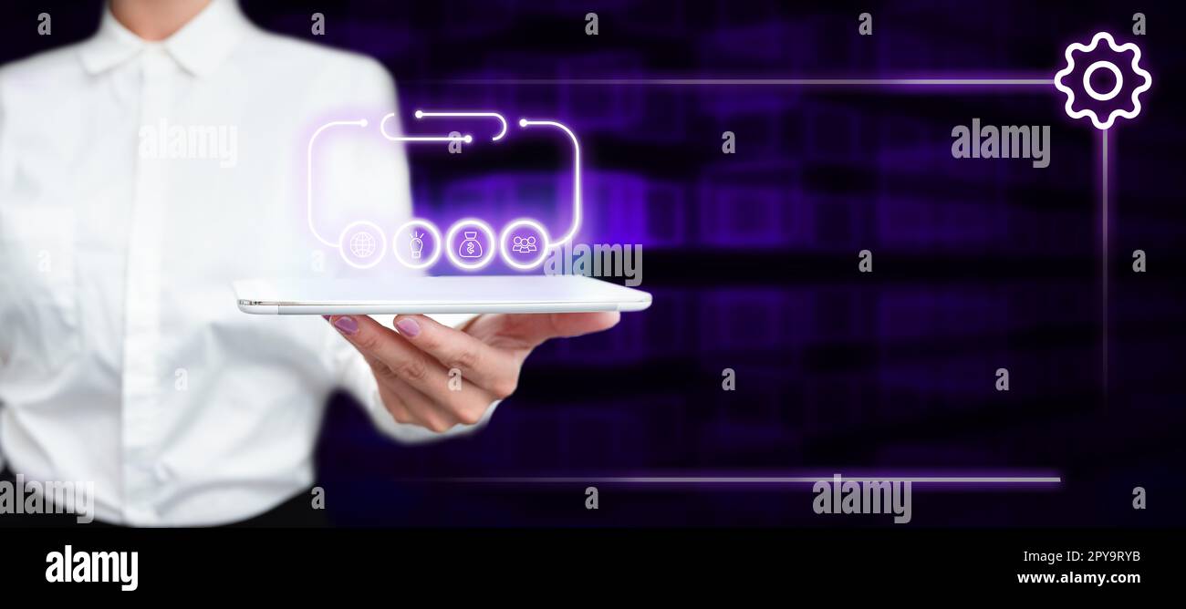 Lady In white shirt Standing Holding Tablet In Hand Presenting Virtual ...