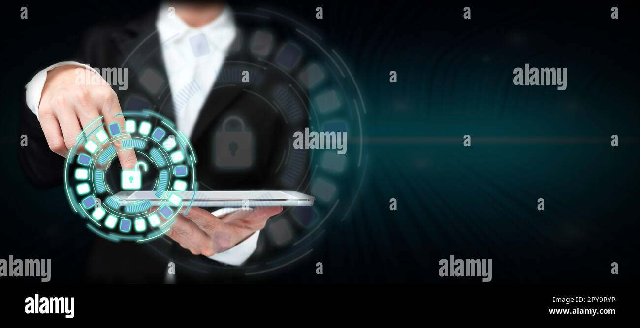 Lady In Office Suit Standing Pressing Virtual Button With Finger Holding Tablet. Gentleman In Business Attire Carrying Tab Pointing New Futuristic Technology. Stock Photo