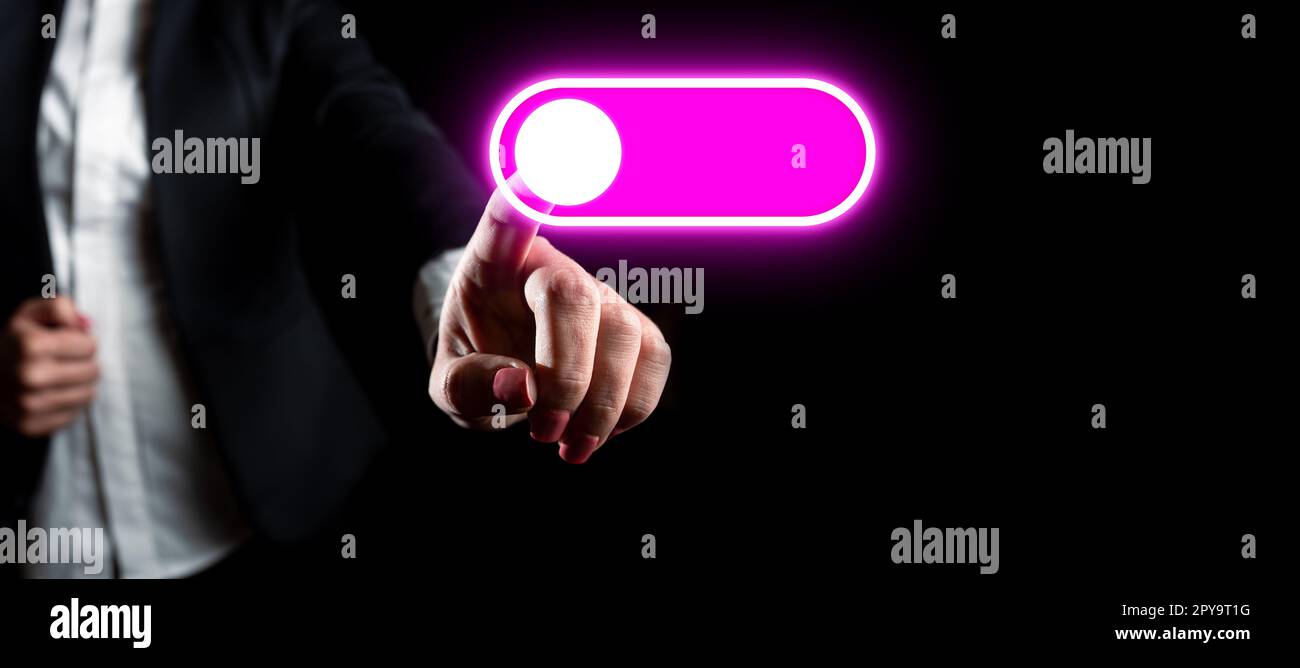Lady In Suit Standing Pointing On virtual button. Showing Futuristic Graphic Interface. Woman In Uniform pressing on screen Device Presenting Modern Virtual Technologies. Stock Photo