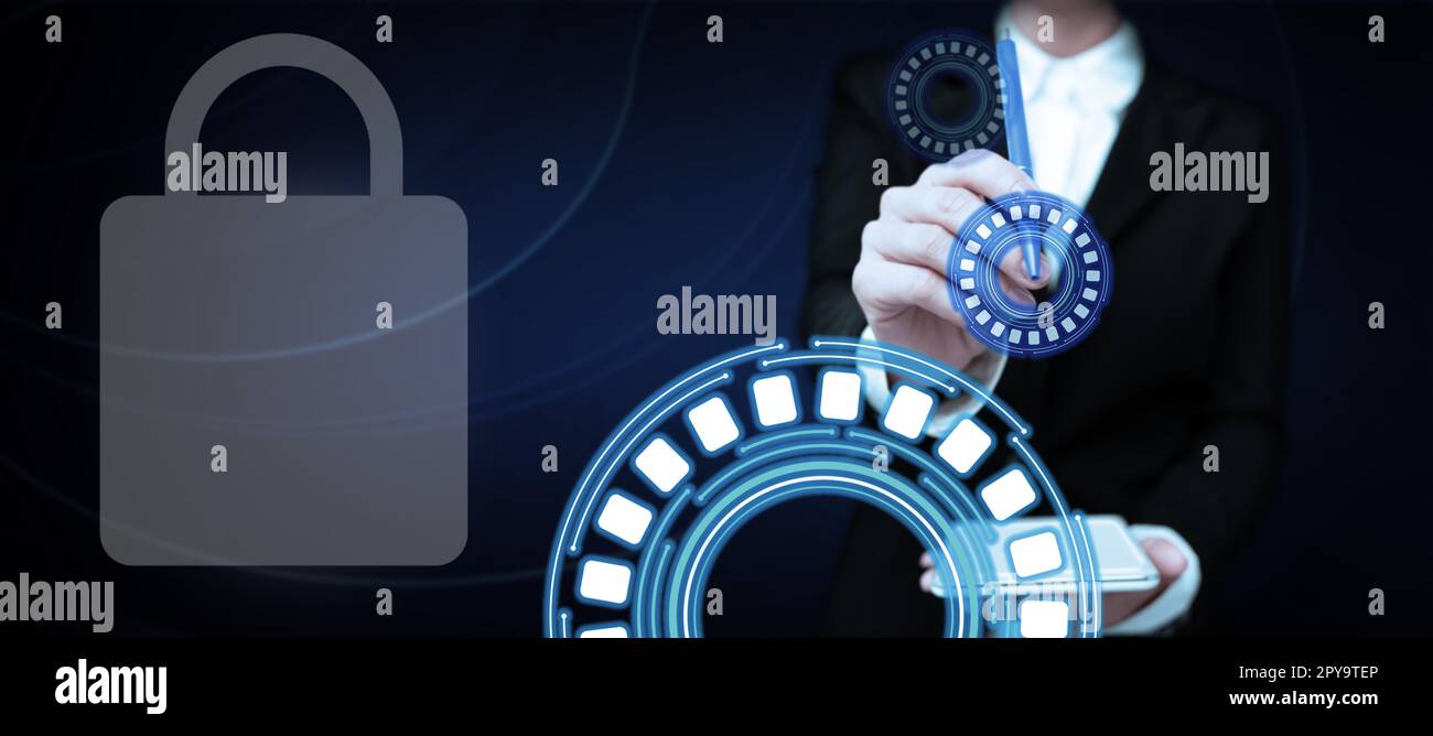 Business Woman Standing Holding mobile phone And pen. Pressing On Virtual Button. Lady In Uniform Carrying Pad Tapping Icon Showing New Futuristic Technologies. Stock Photo