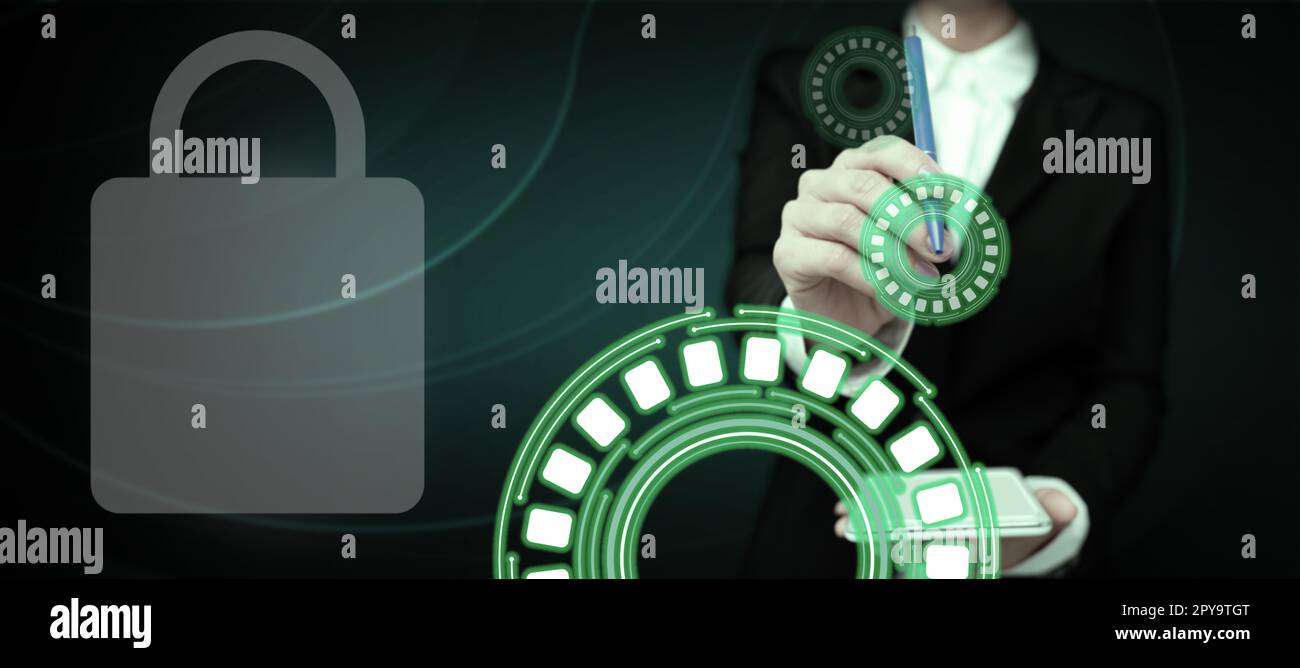 Business Woman Standing Holding mobile phone And pen. Pressing On Virtual Button. Lady In Uniform Carrying Pad Tapping Icon Showing New Futuristic Technologies. Stock Photo
