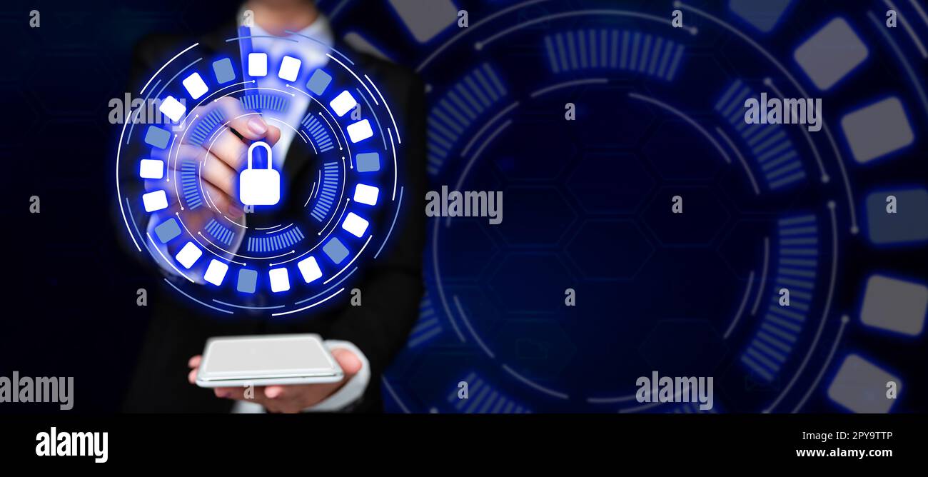 Business Woman Standing Holding mobile phone And pen. Pressing On Virtual Button. Lady In Uniform Carrying Pad Tapping Icon Showing New Futuristic Technologies. Stock Photo