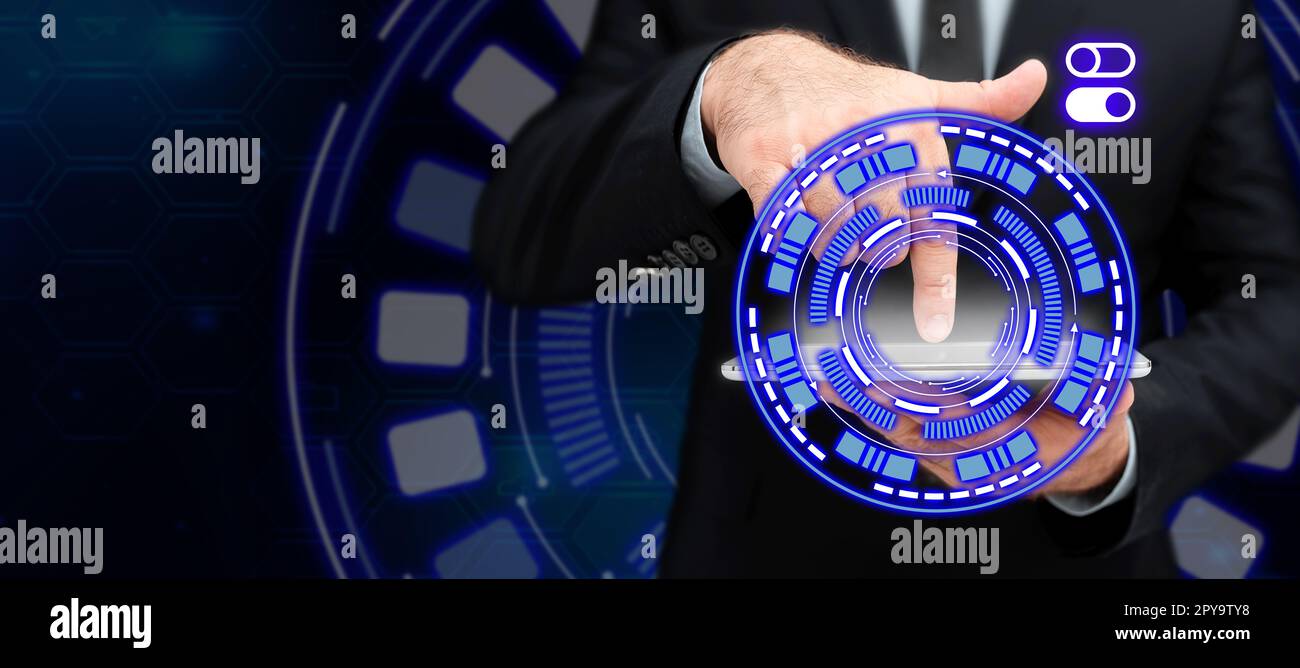 Man In Office Uniform Standing Pressing Virtual Button With Finger Holding Tablet. Gentleman In Business Attire Carrying Tab Pointing New Futuristic Technology. Stock Photo