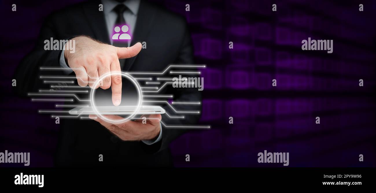 Man In Office Uniform Standing Pressing Virtual Button With Finger Holding Tablet. Gentleman In Business Attire Carrying Tab Pointing New Futuristic Technology. Stock Photo