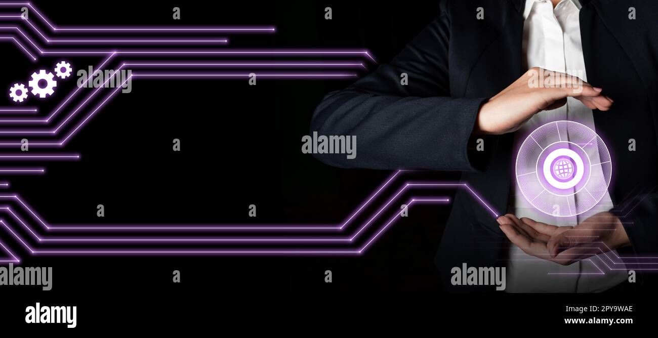 Lady in black office suit standing and holding important technological message between her hands. Futuristic style image with color glow presenting news. Stock Photo