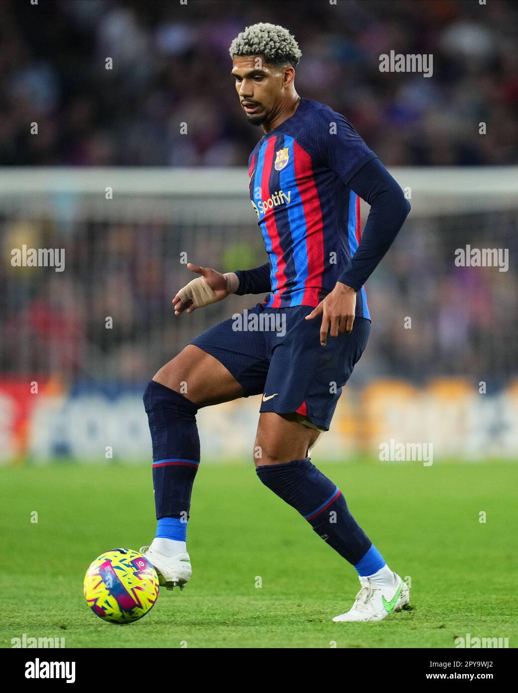 Ronald Araujo of FC Barcelona during the La Liga match between FC Barcelona and CA Osasuna played at Spotify Camp Nou Stadium on May 2, 2023 in Barcelona, Spain