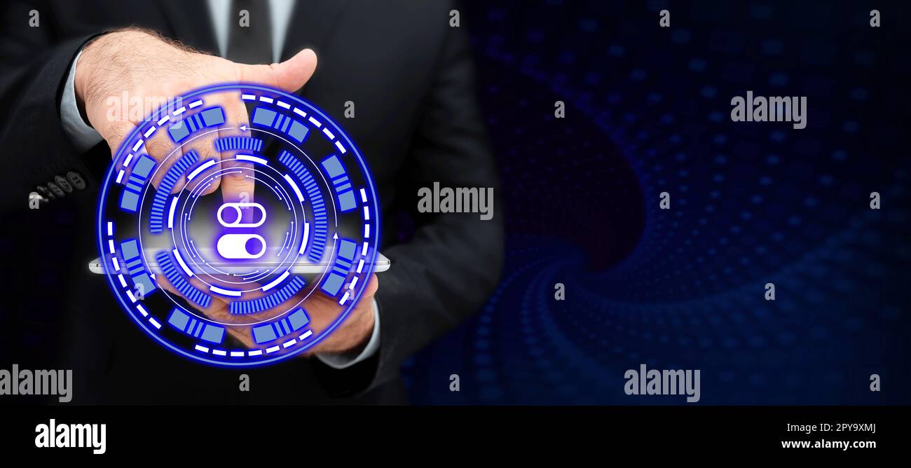 Man In Office Uniform Standing Pressing Virtual Button With Finger Holding Tablet. Gentleman In Business Attire Carrying Tab Pointing New Futuristic Technology. Stock Photo
