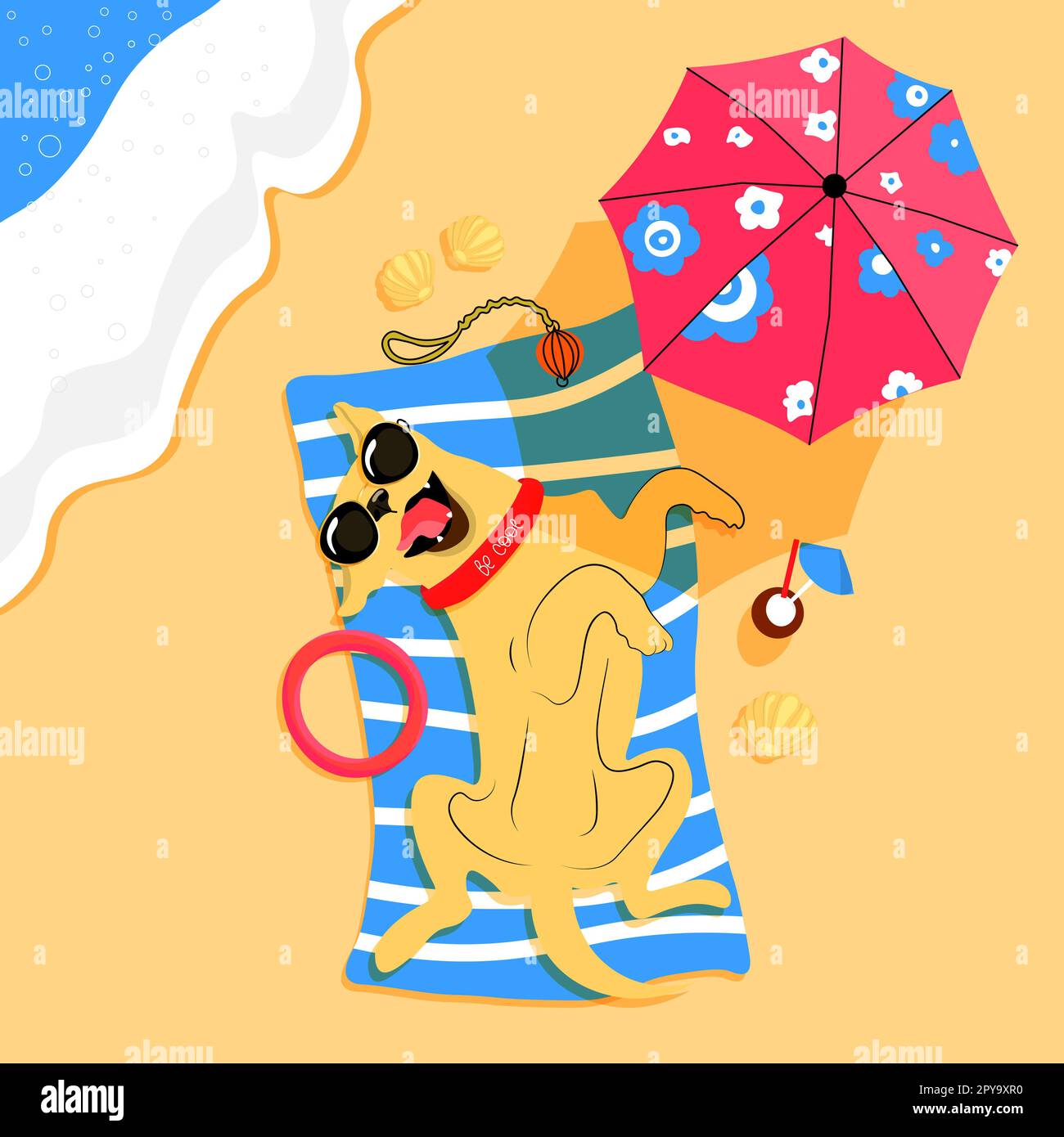 Be cool. The dog lies on the beach under an umbrella in sunglasses. Labrador on vacation. The dog is on vacation. Vacation with a pet. Traveling with a pet Stock Photo