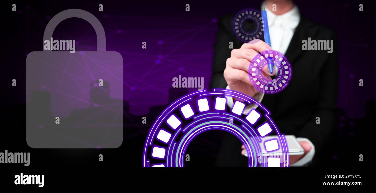 Business Woman Standing Holding mobile phone And pen. Pressing On Virtual Button. Lady In Uniform Carrying Pad Tapping Icon Showing New Futuristic Technologies. Stock Photo