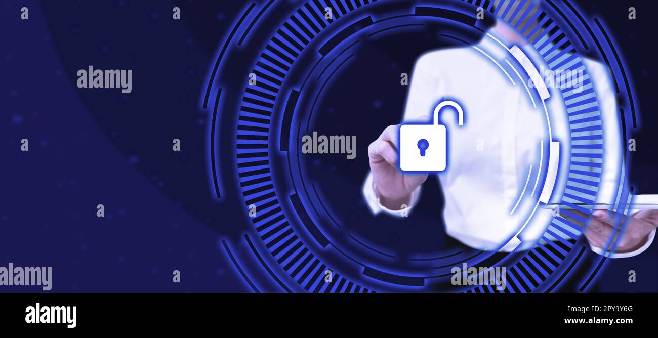 Lady in office suit holding tablet and pen. Pointing on fufturistic element on screen. Image with color glow. Textholder presenting important information. Stock Photo