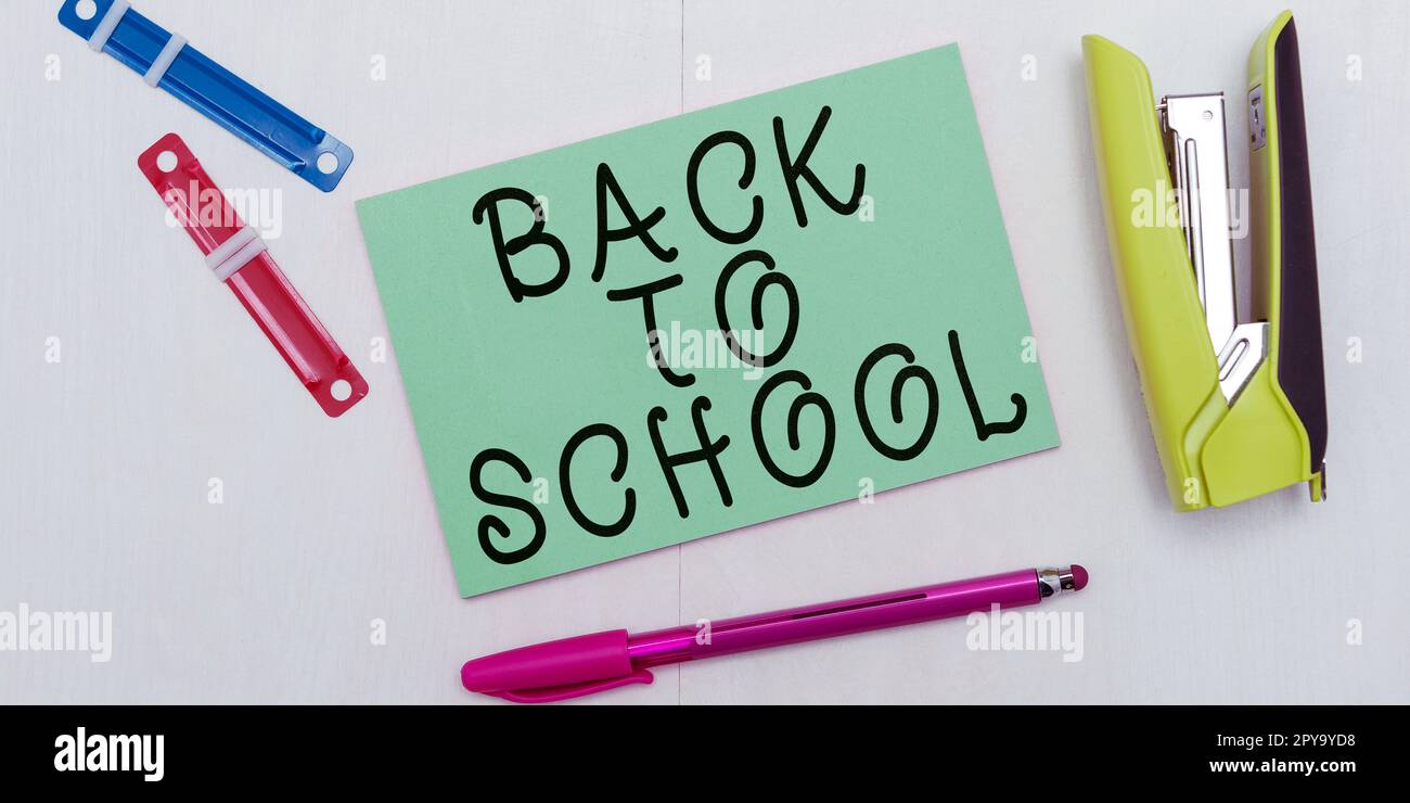 Conceptual caption Back To School. Word for New Teachers Friends Books Uniforms Promotion Tuition Fee Stock Photo