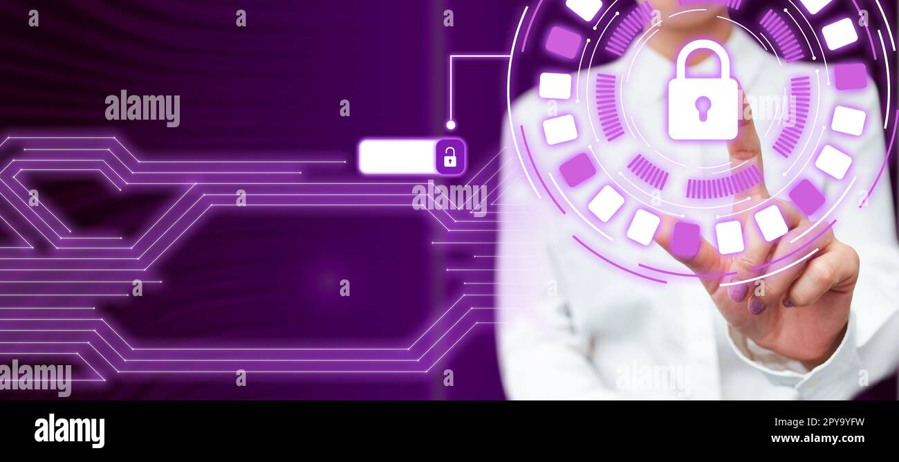Businesswoman in white shirt holding tablet. Lady pressing virtual button And Showing Crucial Informations. Futuristic style image with bright colored glow. Stock Photo