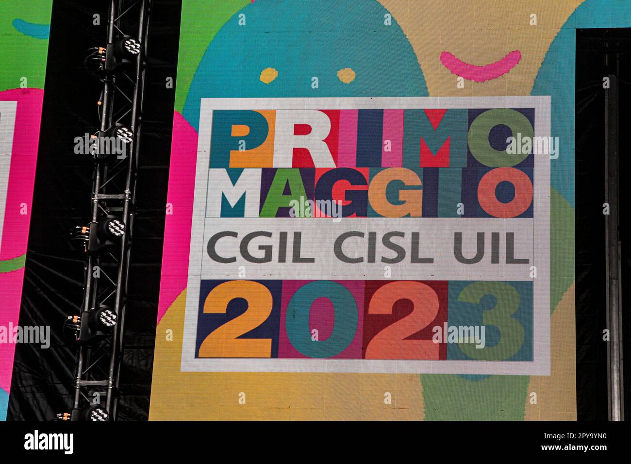 May 1, 2023, Rome, Lazio, Italy: 2023 edition presented by Ambra Angiolini and Biggio. The musical marathon, the only free one left in Europe, had as its theme this year the 1st article of our Constitution entirely dedicated to work. On stage Ligabue, Piero PelÃ¹, Emma, Aurora, Mara Sattei, Coma Cose and many others. Special Guest in opening Leo Gassman and others. In addition to the Confederal Unions CGIL, CSL and UIL, the parents of Lorenzo Parelli, the 18-year-old who died in an accident at work in Lanuzaco (Udine), took part. (Credit Image: © Daniela Franceschelli/Pacific Press via ZUMA Pr Stock Photo