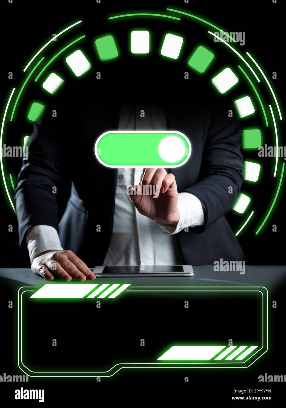 Lady sitting at the table and pressing virtual button with his finger. Mobile phone laying on desk and glowing. Important information inside frame in futuristic style. Stock Photo