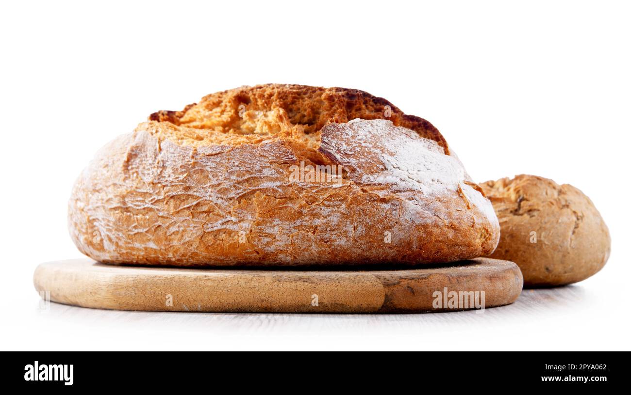 A loaf of bread and rolls isolated on white background Stock Photo
