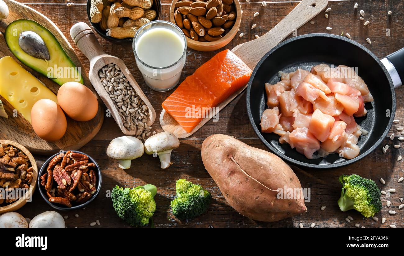 Composition with food products rich in biotin Stock Photo