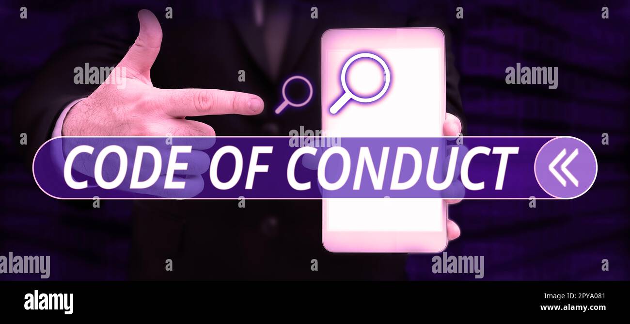 Conceptual display Code Of Conduct. Word for Ethics rules moral codes ethical principles values respect Stock Photo