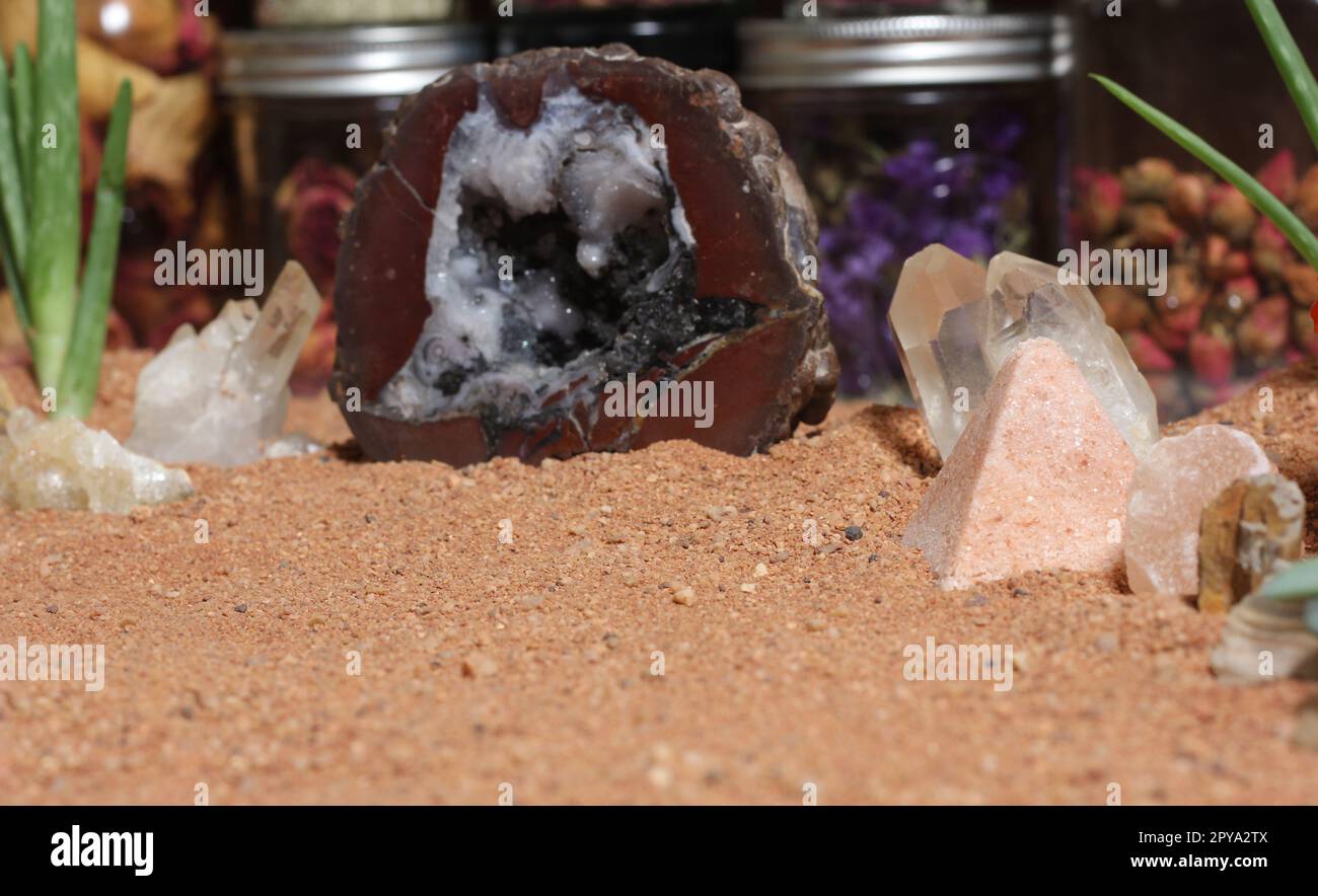 Chakra Stones With Aloe Vera and Flowers on Australian Red Sand Stock Photo