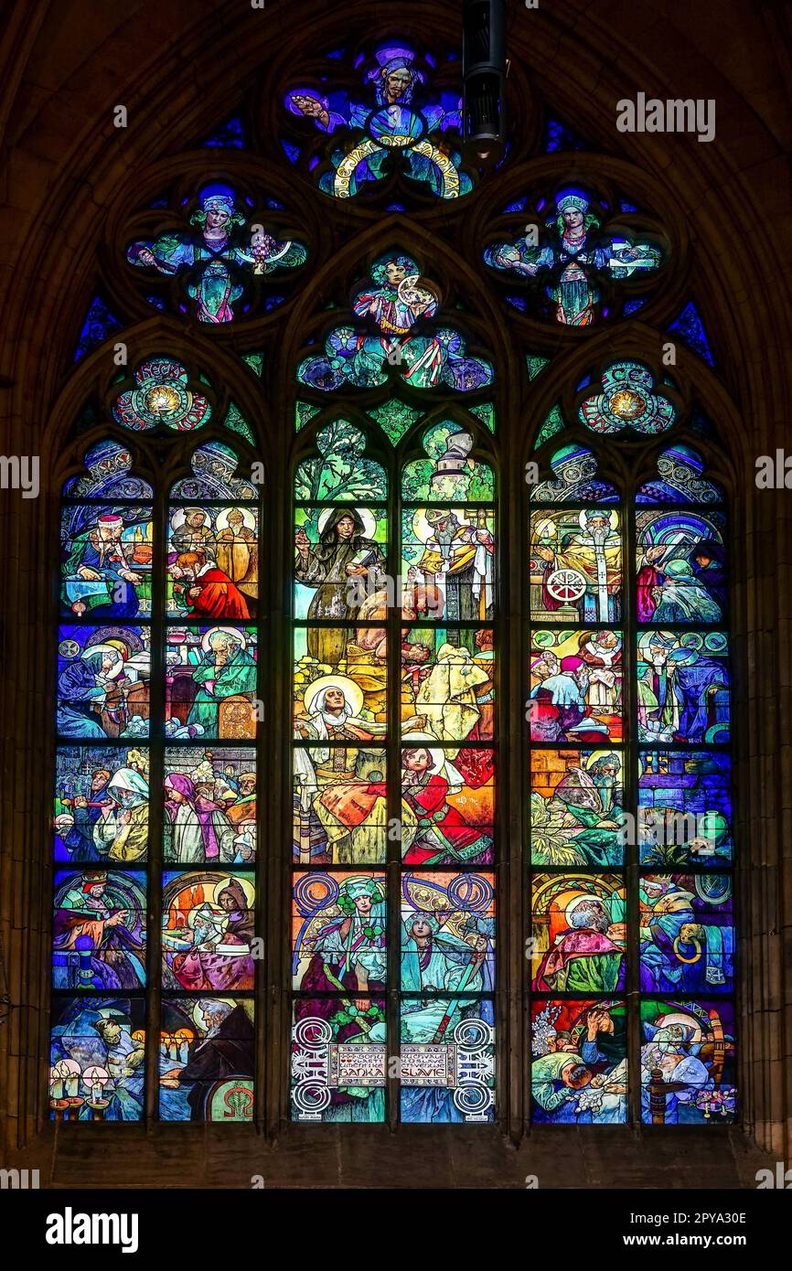 Alphonse Mucha Stained Glass Window in St Vitus Cathedral in Prague