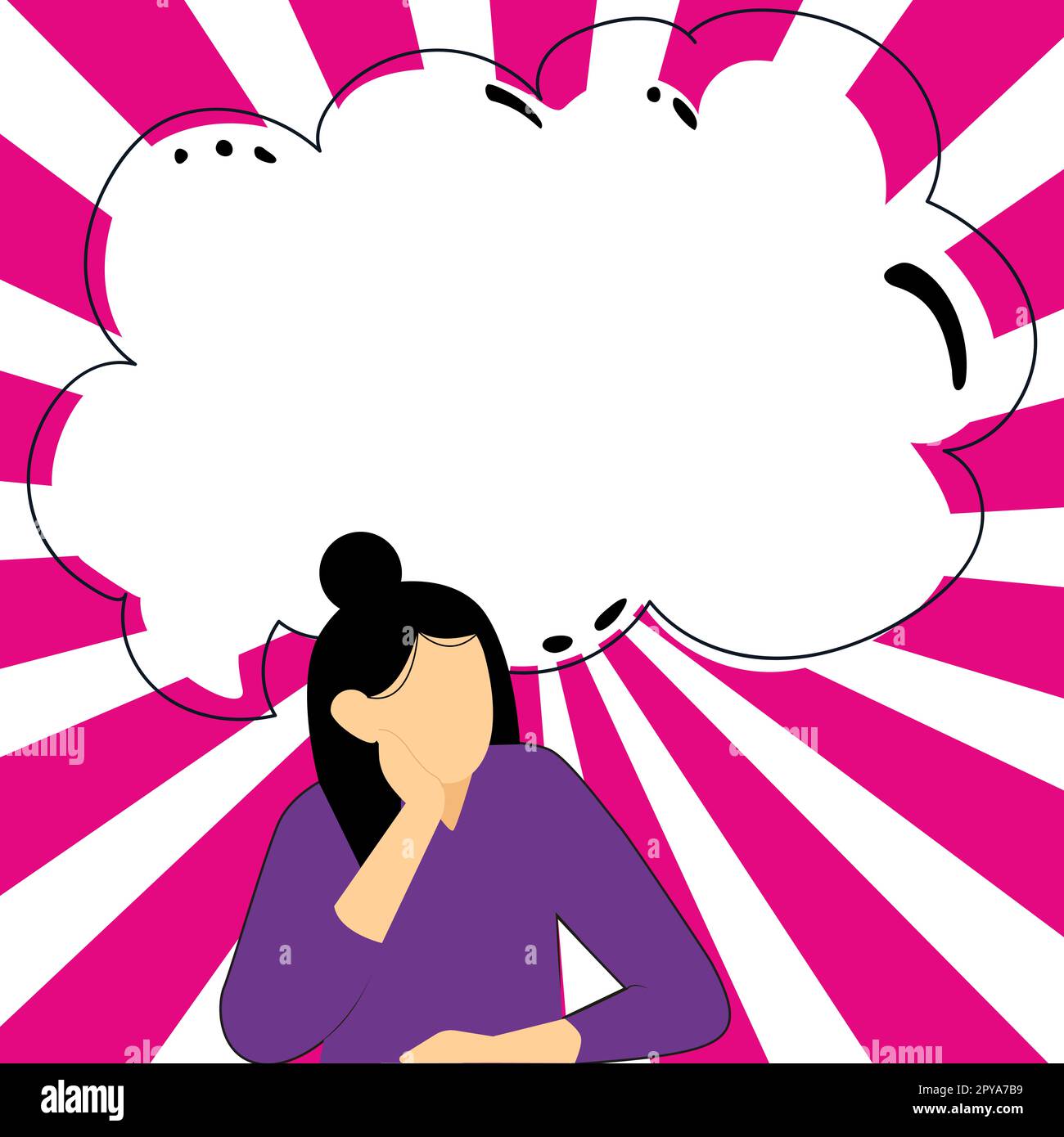 Girl sitting and thinking about current news. Bright vector illustration. Stock Photo